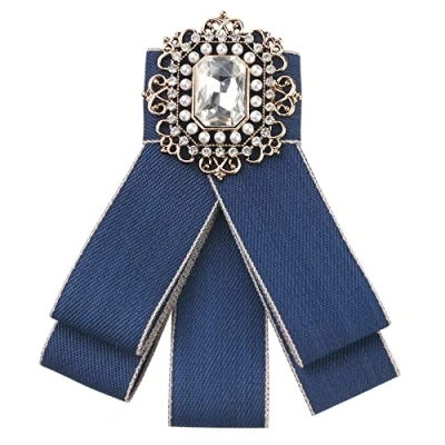 Image of Elerevyo Fashion Rhinestone Pre Tied Ribbon Brooch Bow Tie Pin Collar for Women Blue One Size