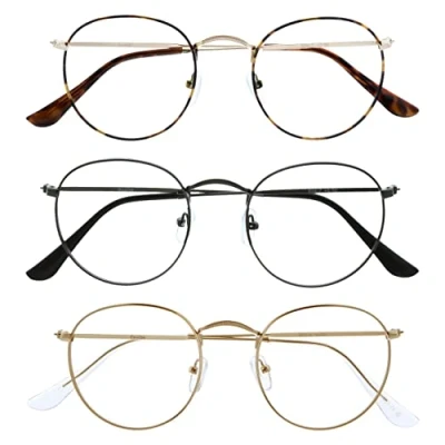 Image of OPULIZE Sol Blue Light Blocking Glasses 3 Pack Round Metal Retro Improve Sleep Reduce Headache Computer Gaming Anti Reflective Brown Matt Gunmetal Gold Mens Womens BBB94 279