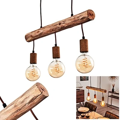 Image of Pendant Light Gondo, Hanging Made of Metal/Wood in Rust/Brown, 3 Flame, x E27, Modern Light, Without Bulbs