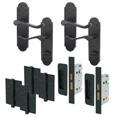 Image of EAI Black Bathroom Door Handle Set Victorian Scroll Shaped 2 Pairs of Internal Matt Lever Handles on Backplate with Hinges (76mm) &amp; Locks (64mm)