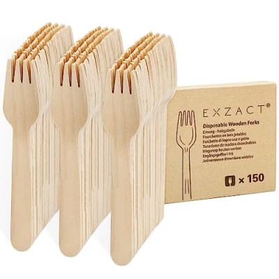 Image of EXZACT Wooden Forks 150pcs Disposable Party x 150, Camping, Travel and BBQ