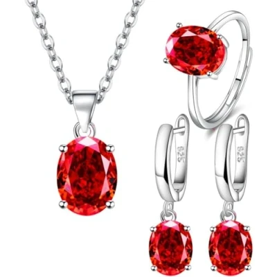 Image of TOEECY Jewellery Set for Women and Girls Crystal Pendant Necklace Ring Earring Cubic Zirconia 925 Silver Gift Wedding Bridal Bridesmaid (Red)