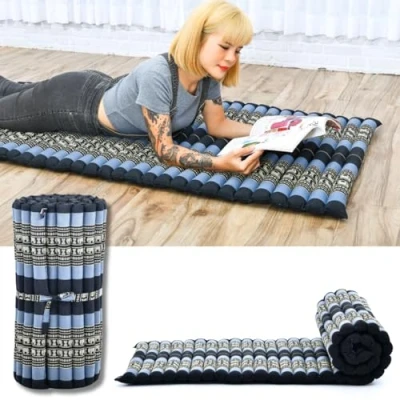 Image of Leewadee Foldable Floor Mattress Japanese Roll Up Futon Trifold Tatami Mat Guest Bed Camping Thai Massage Mat, Kapok Filled, 190 x 70 cm, Blue