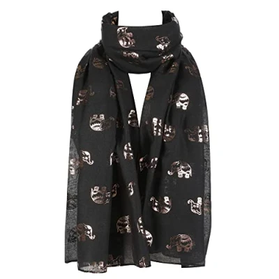 Image of London Scarfs New Ladies Women&#039;s Glitter Celebrity Designer Scarf Women Shawl Wrap (Gold Foil Elephant Black)
