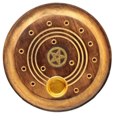 Image of Puckator Mango Wood Round Pentagram Ashcatcher Incense Burner Zen Spiritual Modern Gothic Home Room Decor Decorations Meditation Accessories Stick Sticks Cone Holder Burners