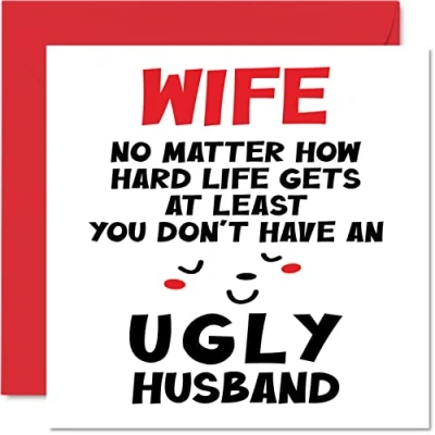 Image of Funny Anniversary Cards for Wife Ugly Husband Joke Happy Birthday Card from Partner, Wifey Gift, 145mm x Wedding Valentine&#039;s Day Greeting Gift