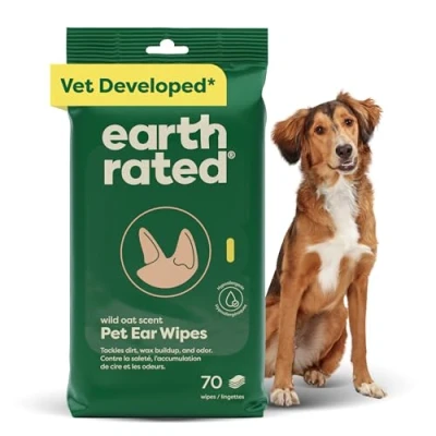 Image of Earth Rated Pet Ear Wipes, Hypoallergenic Wipes for Dogs &amp; Cats to Remove Dirt and Wax Build up, Oatmeal Scent, 70 Count