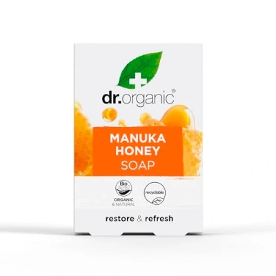 Image of Dr Organic Manuka Honey Soap Bar, Restoring, Dry Skin, Mens, Womens, Natural, Vegetarian, Cruelty Free, Paraben &amp; SLS Plastic Recycled Recyclable, Organic, 100g, Packaging may vary