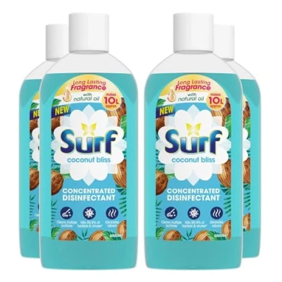 Image of Surf Passion Bloom Concentrated Disinfectant All Purpose Cleaner Long Lasting Fruity and Tropical Fragrance with Natural Oils Cleans Multiple Surface, 240ml (Coconut Bliss, Pack of 4)