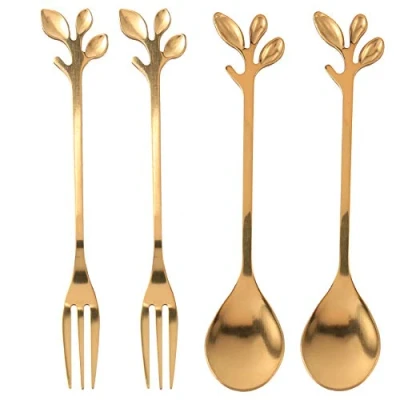 Image of Herklotzn Teaspoon Fork Tableware, Pack Of 4 (2 Spoons 2 Forks) Small Coffee Cup Spoon Dessert Forks And Appetizer,Set