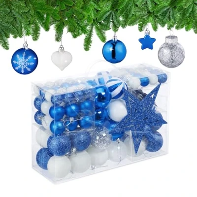 Image of Relaxdays Christmas Baubles Set of 101, Glittering, Tree Decorations, Spheres &amp; Spikes, Plastic, Traditional, Blue, 19 x 20 2.5 cm