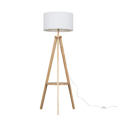Image of MiniSun Modern Light Wood Tripod Design Floor Lamp with Storage Shelf &amp; White Drum Shade