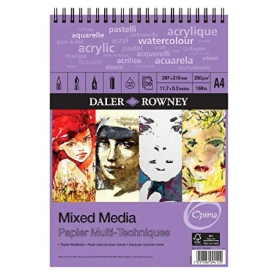 Image of Daler Rowney Optima Lightly Textured 250gsm A4 Mixed Media Paper Spiral Pad, 30 White Sheets, Ideal for Professional Artists &amp; Students