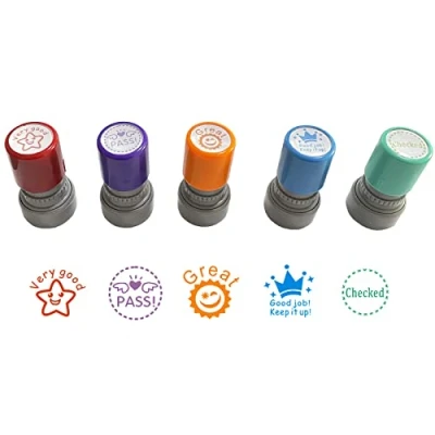 Image of WAFJAMF Pack of 5 Sorted Teacher Stamp Teachers Self Inking Rubber Stamps Review Photosensitive for Education