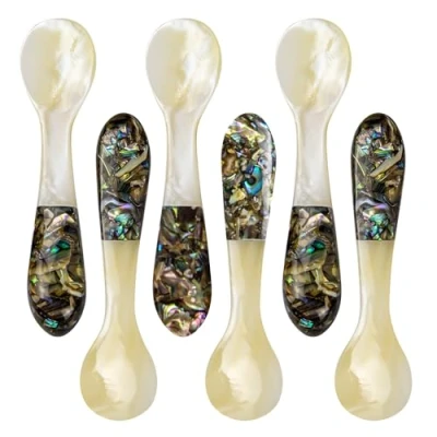 Image of DUEBEL Set of 6 Caviar Spoons Abalone Handle, 10cm Mother Pearl for Serving, Egg Catering Event Tableware, Restaurant Table Decor