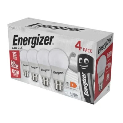 Image of Energizer 60W LED Bayonet Light Bulbs B22/BC 60 Watt Equivalent, 8.5W Energy Saving, 806 Lumens, 4000K Cool White, Pack of 4