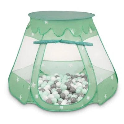 Image of Selonis Play Tent 105X90cm/100 Balls Castle House Pop Up Ballpit Plastic For Kids, Mint:White/Grey/Mint