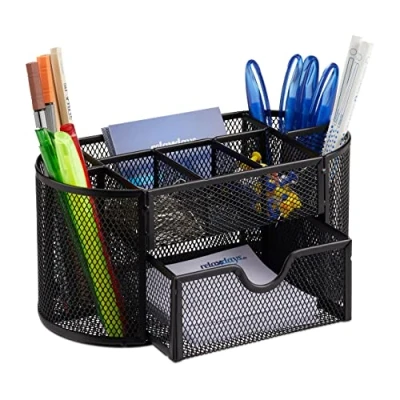Image of Relaxdays Desk Organiser, Stationery Tray with Pen Holder &amp; Note Box, HWD: 10.5x22x11cm cm, Black