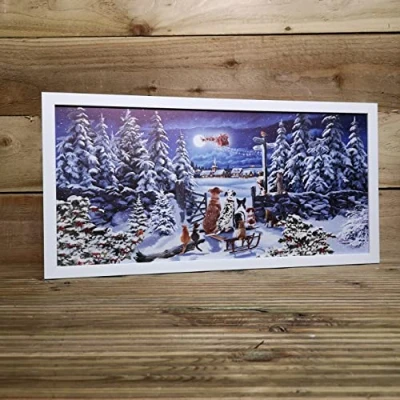 Image of Snowtime H30 x 60cm Battery Operated Fibre Optic Winter Dogs Watching Santa Sleigh Scene Touch Activated Christmas Canvas