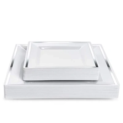 Image of MATANA 40 Premium White Square Plastic Plates with Silver Rim 20 25cm Dinner Plates, 16.5cm Side Elegant &amp; Reusable Party for Weddings, Birthdays, BBQ, Parties
