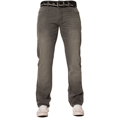 Image of New Mens ENZO Stonewash Straight Regular Fit Classic Basic Denim Jeans Pants with Free Belt (34W x 32L, Grey)