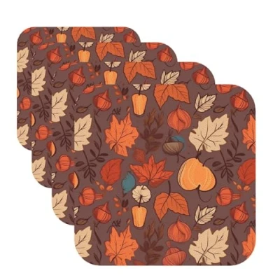 Image of Fall Coasters for Drinks Set of 4 Non slip Leather Coaster Heat Resistant Drink Tabletop Protection Absorbent Cup Mat Coffee Table Decor Square