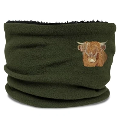Image of TeddyT&#039;s Embroidered Highland Cow Black Fleece Snood Scarf