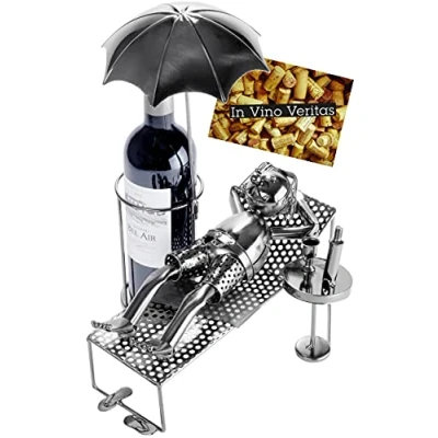 Image of BRUBAKER Wine Bottle Holder Vacationer under Parasol Metal Sculpture Greeting Card INCL. Original Gift Idea