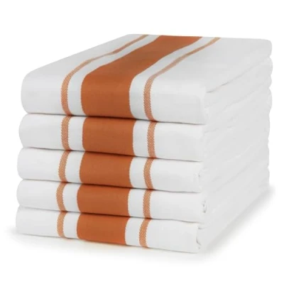 Image of Sticky Toffee 100% Cotton Tea Towel Terracotta Stripe Pattern, Pack of 5 Kitchen Set Absorbent, Strong, Quick Dry &amp; Machine Washable Home Decor Bathroom Accessories
