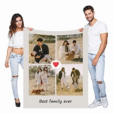 Image of Haisimiery Personalised Photo Fleece Blanket Customized Throw with Picture Birthday Wedding Gift for Adult Baby Pet (04 photos, 50x60 (120x150cm))