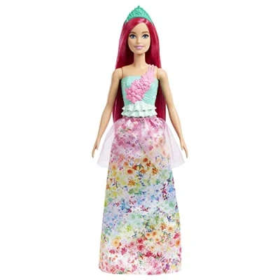 Image of Barbie Dreamtopia Royal Doll with Dark Pink Hair &amp; Sparkly Bodice Wearing Removable Skirt, Shoes Headband, HGR15