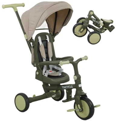 Image of 5 in 1 Foldable Kids Trike, Toddler Tricycle for 3 Years, Dark Green Aiyaplay