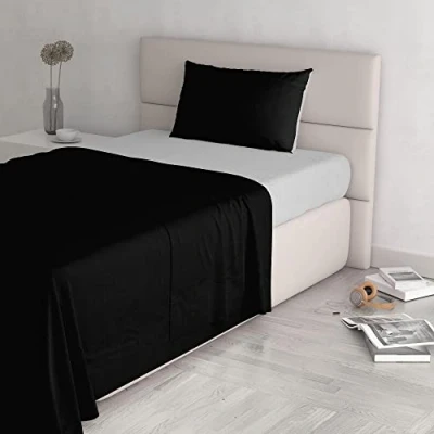 Image of Italian Bed Linen Natural Color Set (Flat 180x300, Fitted Sheet 120x200cm+Pillowcase 52x82cm), Petrol Bottle Green, 100% Cotton, Black/Light Gray, SMALL DOUBLE