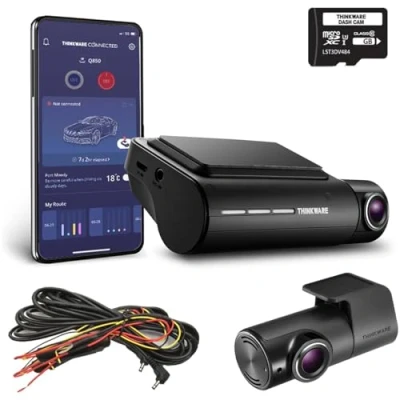 Image of Thinkware Q850 Dash Cam QHD 1440p Front &amp; 1080p HD Rear Car Camera With Super Night Vision, Connected App Includes Hardwire Lead for Battery Safe Parking Mode 64GB SD Card Android/iOS