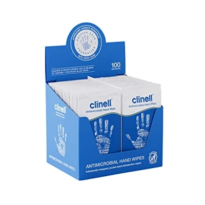 Image of Clinell Antimicrobial Hand Wipes Pack of 100 Individually Wrapped Sachets Sanitising Wipes, Ideal for Travel Dermatologically Tested, Kills 99.99% Germs