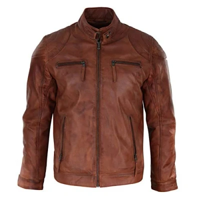 Image of Mens Biker Zip Jacket Real Leather Casual Light Short Classic Retro Motorcycle Tan M