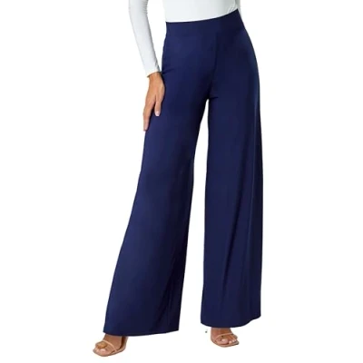Image of Roman Originals Wide Leg Trousers for Women UK Ladies Palazzo Pants Evening Jersey Elasticated High Waist Smart Flared Culotte Office Work Going Out Loose Crepe Bottoms Navy Size 22