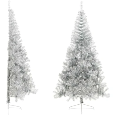 Image of vidaXL Silver Artificial Half Christmas Tree Space Saving 210 cm PVC Xmas with Stand &amp; 605 Branches Modern Home Holiday Décor
