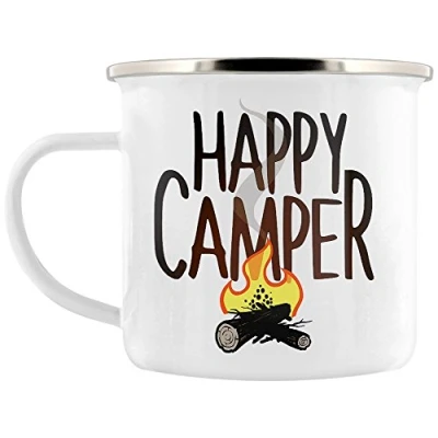 Image of Grindstore Happy Camper Enamel Mug for Tea or Coffee White 8cm