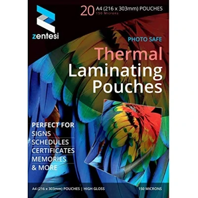 Image of Zentesi A4 Laminating Pouches High Gloss Laminator Sleeves 150 Micron (75 + 75 Microns) Glossy Laminate Pouch Sheets Pack of 20