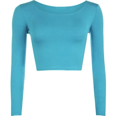 Image of Womens Crop Long Sleeve T Shirt Ladies Short Plain Round Neck Top Turquoise 12/14