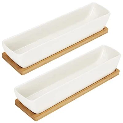 Image of BELLE VOUS White Ceramic Rectangular Succulent Pots with Bamboo Trays (2 Pack) L24 x W5.5 H4cm/9.45 2.16 1.57 Inches Indoor/Outdoor Planters for Home, Office &amp; Desk/Table