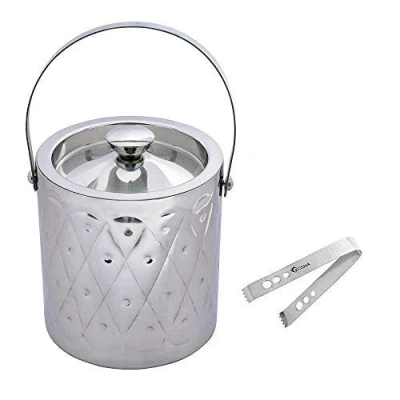 Image of Kosma Limited Edition Stainless Steel Designer Ice Bucket Double Wall with Tong 1.5 Litre (Diamond Dimple)