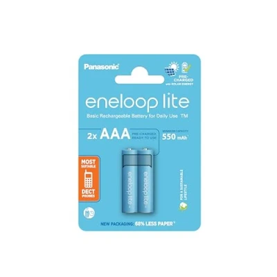 Image of eneloop Lite, AAA/Micro, Rechargeable Battery, Pack of 2, Capacity 550 mAh, Ready to Use Ni MH Batteries, 3000 Recharge Cycles, Plastic Free Packaging, Blue, Ideal for Dect Phones
