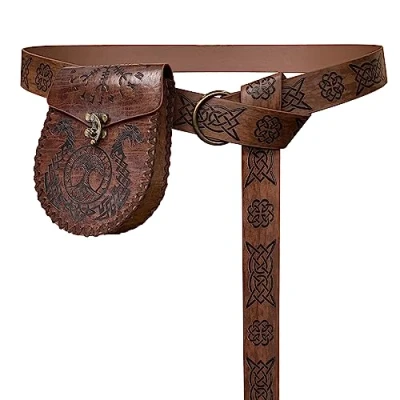 Image of HiiFeuer Medieval Embossed O Ring Belt with Nordic Bag, Vintage Faux Leather and Pouch Set for LARP (Brown A)