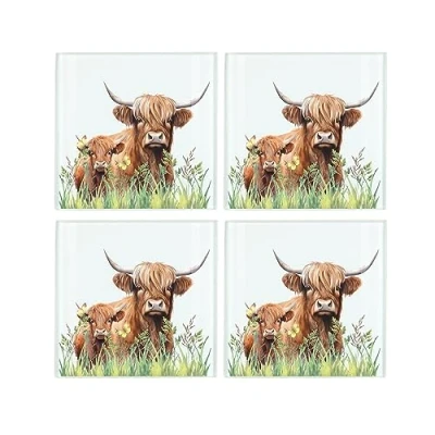 Image of Highland Cow Coaster Set Square Glass Mum &amp; Baby Calf Animal Design of Four (4) Coasters