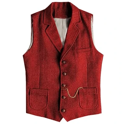 Image of AeoTeokey Men&#039;s Western Herringbone Tweed Suit Vest Wool Slim Fit Waistcoat (Red,4XL)