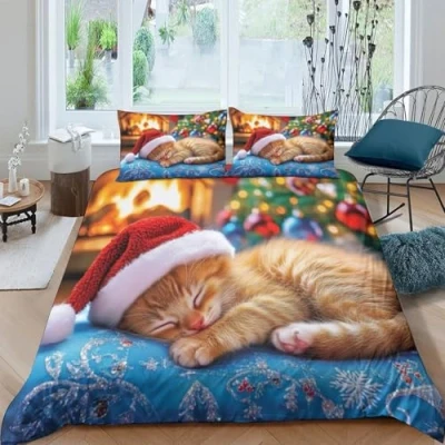 Image of ZYGAOKDD 3D Bedding Set Kids Christmas Cat Comforter Cover for Boys Teens Youth, Soft Microfiber Duvet 3 Pcs Bedspread with Zipper Double（200x200cm）