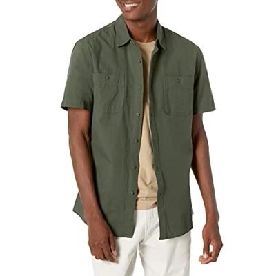 Image of Amazon Essentials Men&#039;s Regular Fit Short Sleeved Chambray Shirt, Olive, XXL