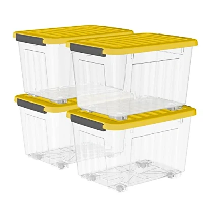 Image of Cetomo 35L*4 Storage Boxes with Wheels, Plastic Box Lid, Latching Buckles, Click Closure, Stackable, Nesting, Durable Organizer for Home Office Clothes, Clear &amp; Yellow, 35L 4 Pack